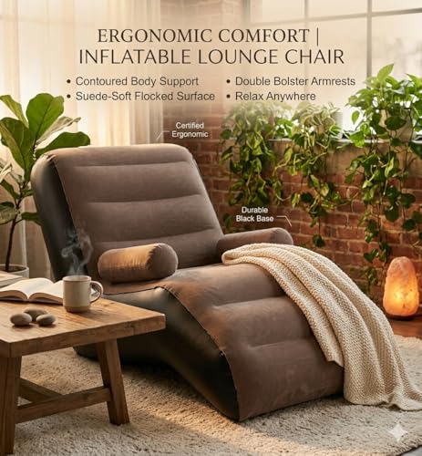 Image of Inflatable Bean Bag Chair for Adults & Kids - Soft Flocked Air Sofa Lounge Seat, Portable Lazy Couch for Living Room, Bedroom Floor Chair (Purple) (S Shape)