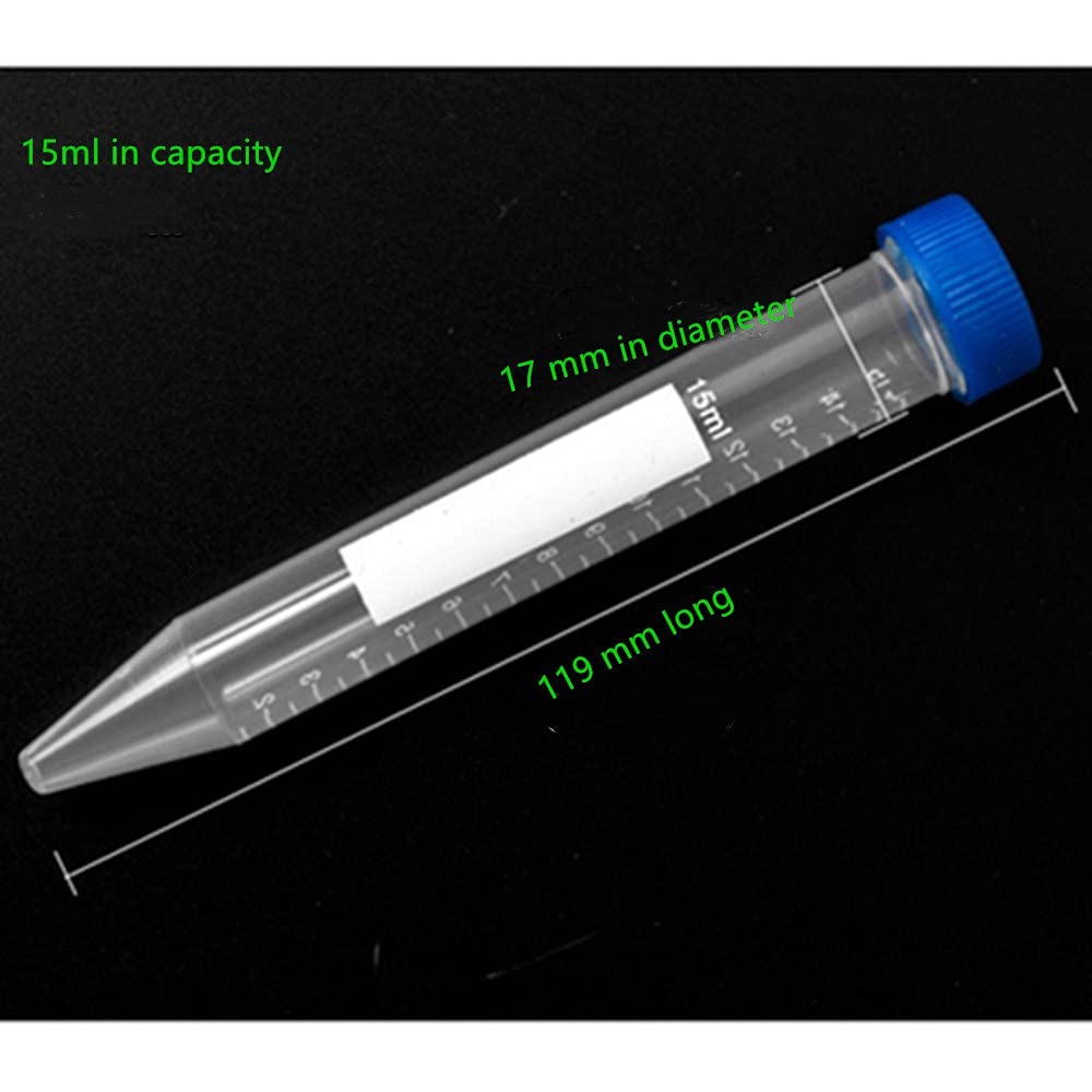 100 tubi da centrifuga in plastica, 15 ml, tappo a vite blu, fondo conico, segni graduati