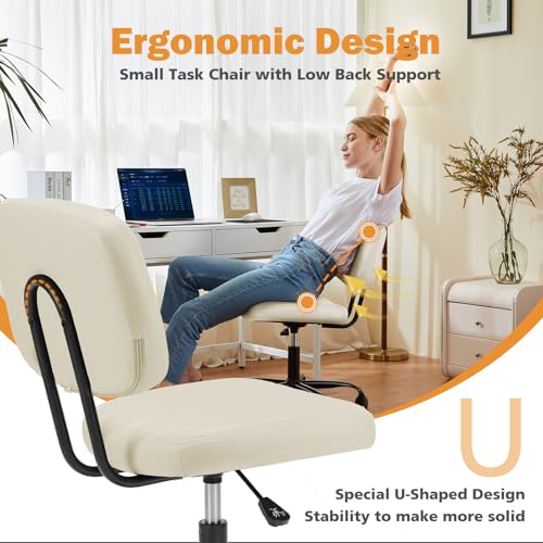 Image of Sweetcrispy Office Desk Chair, Small Vanity Chair, Lumbar Support | Armless PU Leather, Height Adjustable Rolling Swivel Task, Bedroom Home Student, Beige White