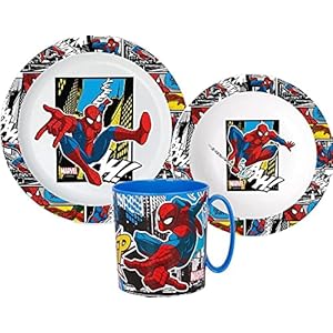 Spiderman Kinder-Geschirr Set mit Teller, Müslischale und Trinkbecher (wiederverwendbar)