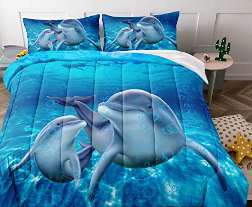 Bducok Dolphin Bedding Set Cute Dolphin Jumping Blue Ocean Animal Themed Comforter Set For Kids Boys Girls Adult Room Decor Dolphin Comforter Cover Queen Size 1 Comforter Wiht 2 Pillowcases #TOP2