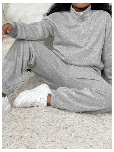Image of Floerns Girl's 2 Piece Outfit Half Zip Sweatshirts with Jogger Pants Tracksuit Sets Grey 10Y