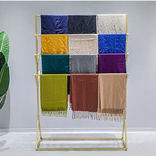 UWYTGF Metal Floor Standing Silk Scarf Rack Organizer,Large Capacity Double Sided Hijab Holder,Commercial Shawl Storage Display Stand,for Sheets Belt Suit Pants,Gold,32
