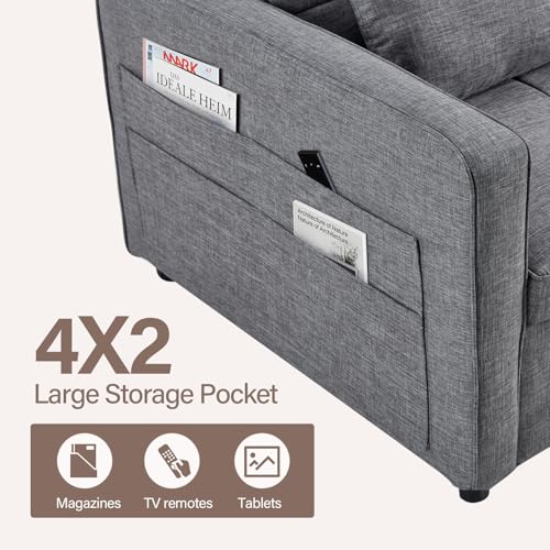 Image of HAOMARKETS 3 in 1 Convertible Sleeper Sofa Bed, Loveseat Chaise Lounge with Pullout Bed, 2-Seater Futon Couches with Storage Pockets, 3-Level Adjustable Backrest and Pillows for Living Room, Dark Grey