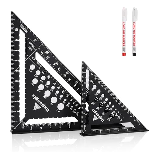 Dajianglx Carpenter Square 7 and 12 Inch Set, Aluminum Rafter Square Framing Suqare Double Scale Triangle Ruler, Protractor Measuring Hole for Woodworking and Carpentry Layout Tool Black with 2 Pencil