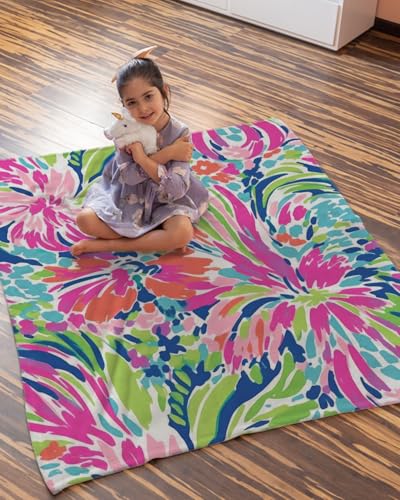 Image of Tropical Floral Throw Blanket - Soft Flannel Fleece Blanket 50x60 Inch - Bright Pink Green Blue Lightweight Cozy Blanket for Couch, Bed, Sofa, or Dorm Room Decor