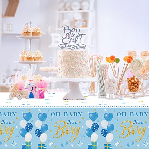 Image of Tevxj 3 Pack Baby Shower Tablecloths Plastic Blue Baby Boy Shower Decorations Gender Reveal Party It's A Boy Table Covers for Baby Boy Birthday Shower Party Supplies, 54 x 108 Inch