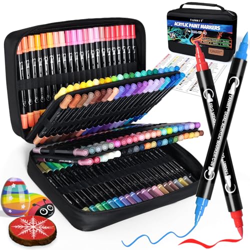 TANMIT 124 Colors Acrylic Paint Pens, Dual Tip Acrylic Paint Markers with Brush Tip and Fine Tip, Acrylic Pens for Rock Painting, Wood, Canvas, Stone, Glass, Ceramic,DIY Crafts Making Art Supplies