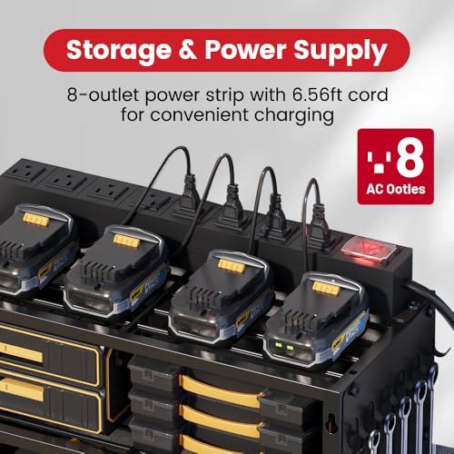 Image of 53 inch Power Tool Organizer Wall Mount with Power Strip, Black Heavy Duty Metal Tool Shelf, 400lbs Capacity for Cordless Drills, Batteries & Garage Storage (12 Slots with 8 Outlets Power Strip)