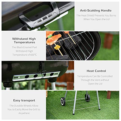 Outsunny 38'' Steel Charocal Grill With Portable Wheel, Side Tray And Lower Shelf For Outdoor Bbq For Garden, Backyard, Poolside #TOP4