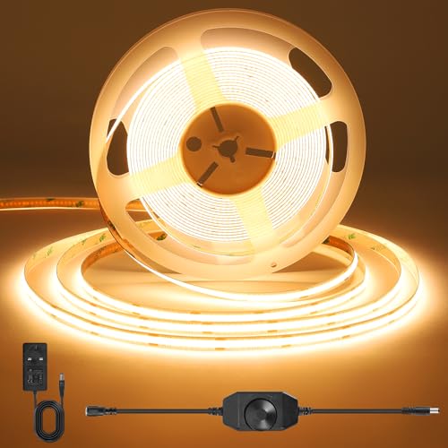 ACELUMO COB LED Strip Lights 3m with Dimmer 3000K LED Strip Warm White with Power Supply CRI 92+ 8mm Width Dimmable Strip Lights for Adding Warm and Cosy Atmosphere to Home Decor