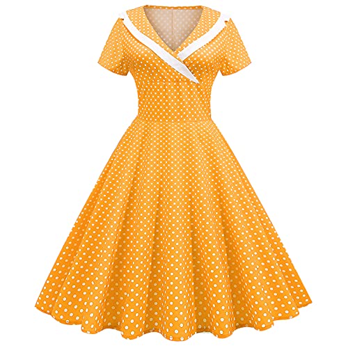 Damen 50er 60er Jahre Retro Rockabilly Swing Matrosenkleid Polka Dot Revers V-Ausschnitt Cocktail Party Tee Kleider, #A: Gelb, X-Groß