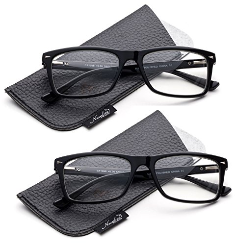 Newbee Fashion Clear Lens Black Glasses for Men & Women Rectangle Lens Comfortble Fit with Spring Hinge- 2 Pack
