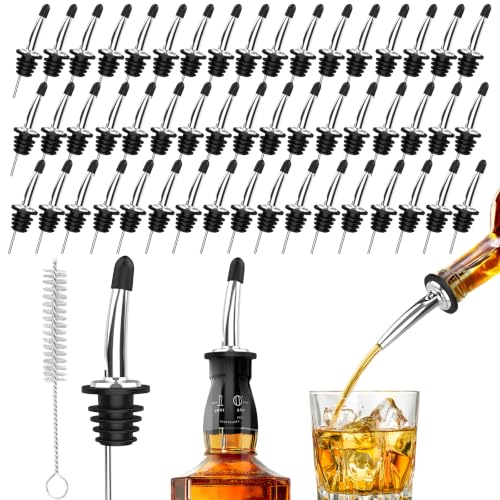 SINLUCESCE 48-Pack Stainless Steel Pour Spouts for Liquor Bottles Oil Vinegar and Wine,Liquor Bottle Pourers with Rubber Dust Caps,Bar accessories,Pourers for Bartending