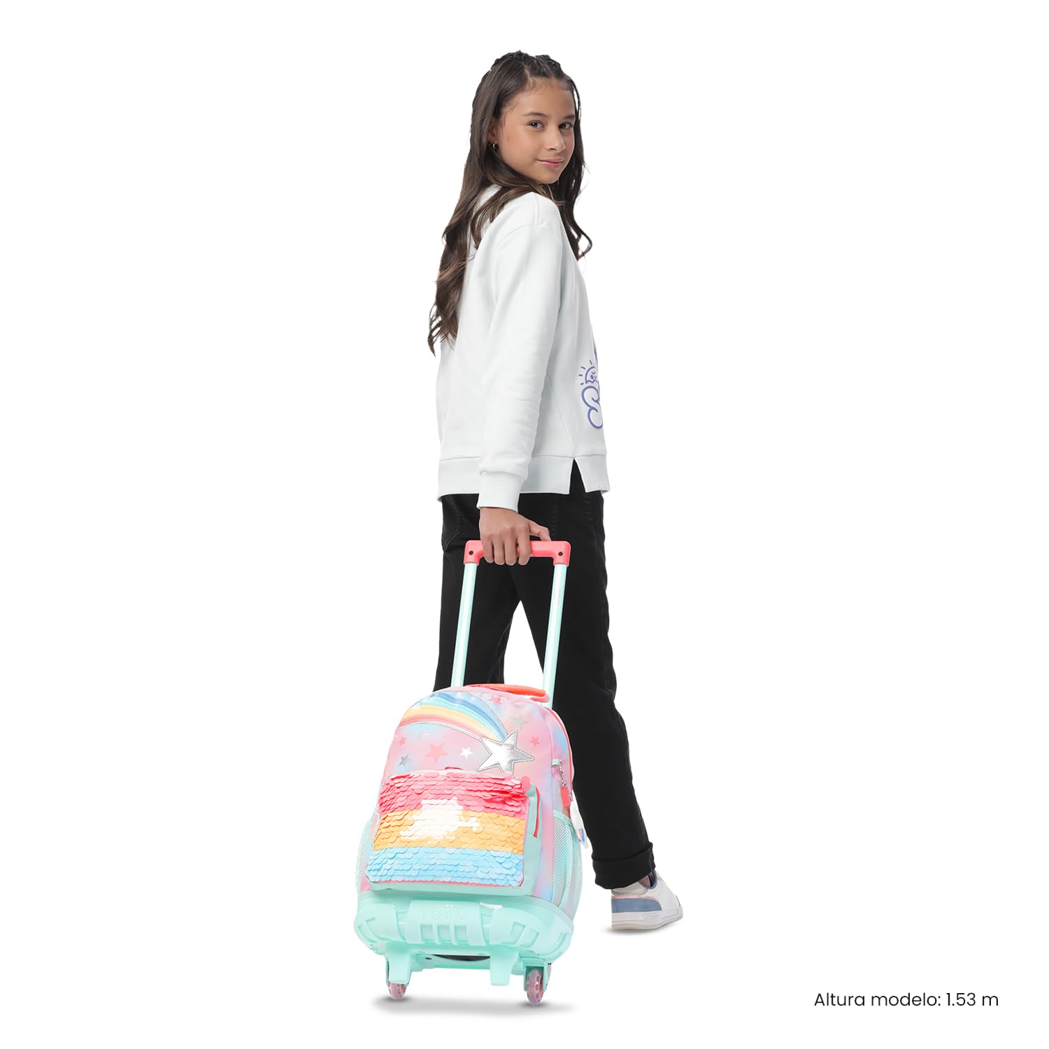 TOTTO - Mochila Escolar con Ruedas, Modelo Rainbow Star M, Mochila Mediana, Capacidad 23 L, Bolsillos Botella, Compartimento Frontal, Protección en la Base, Correas Ajustables, Estampado Rosa