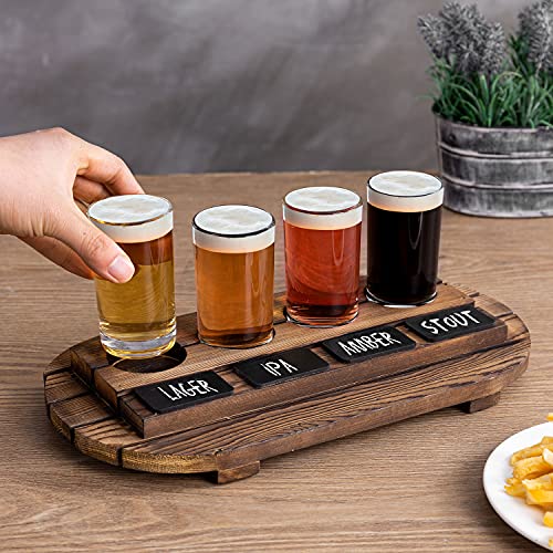 Mygift Rustic Dark Brown Slatted Wood Beer Flight Tasting Sampler Tray Server Set With 4 Glass Cups And Mini Chalkboard Labels #TOP3