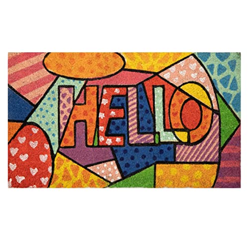 Baroni Home Zerbino da Esterno Ingresso Casa in Cocco Dipinto a Mano in Stile Siciliano 70x40 cm Facile da Pulire e Super Resistente, HELLO