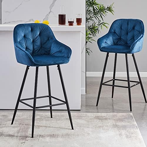 LEMROE Velvet Barstools Set of 2 with Backrest and Armrest Kitchen Bar Stools Upholstered for Breakfast Counter Barstool Soft Home Furniture (Blue, Seat Height-64cm)