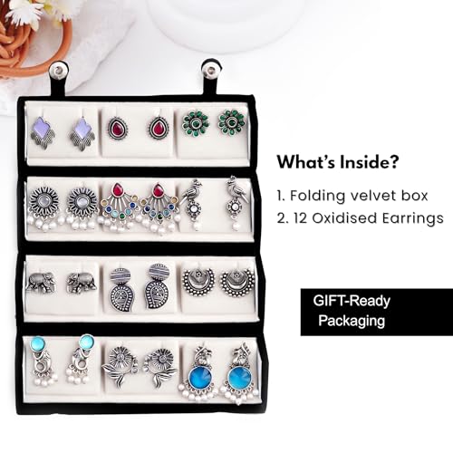 Image of FUBS Oxidized Designer Stud Earrings Set of 12 with Folding Jewelry Box | Traditional & Modern Earring Set for Women & Girls