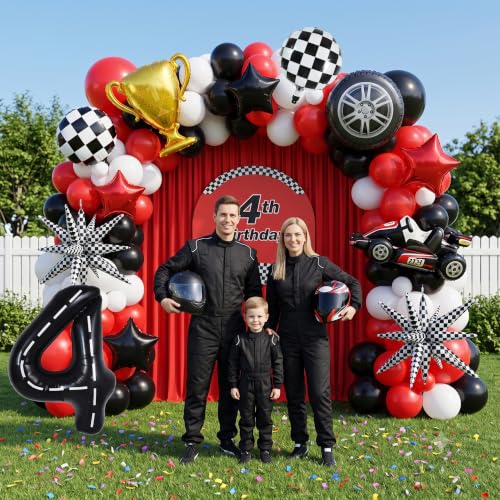 Image of TONIFUL Race Car Party Balloons Set - 40 Inch Racetrack Number 4 Foil Balloon with Checkered & Star Balloons for Boys 4th Birthday Car Themed Decorations, Baby Shower Photo Backdrop Supplies