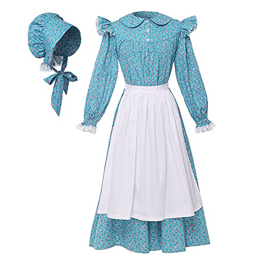 GRACEART Victorian Costume School Pioneer Colonial Outfit Prairie Dress 99.99% Cotton (US-10, Blue)