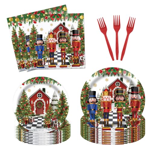 Fitumiw 96Pcs Merry Christmas Nutcracker Party Tableware Supplies Cartoon Soldiers Plates and Napkins Santa Xmas Trees Party Set Decorations Serve 24 Guests