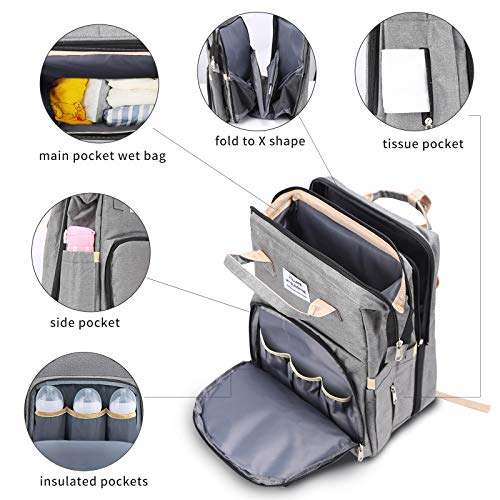 Mochila 3 em 1 para saco de fraldas com estação de troca, berço dobrável para viagem com bolso isola