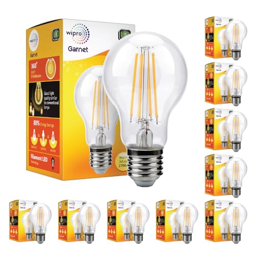 Image of wipro Garnet 6W A60 LED Filament Bulb | Decorative LED Bulb for Home & Office Decoration | Energy Efficient Filament Bulb comes with In-Built Surge Protection | E27, 2700K(Warm White, Pack of 10)