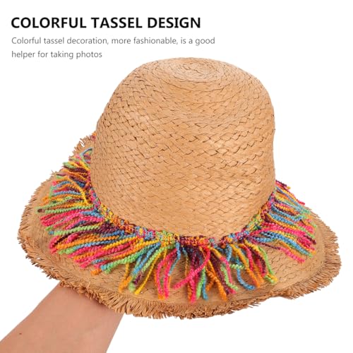 Sombrero grande de paja caqui con borlas coloridas para mujer miniatura 6