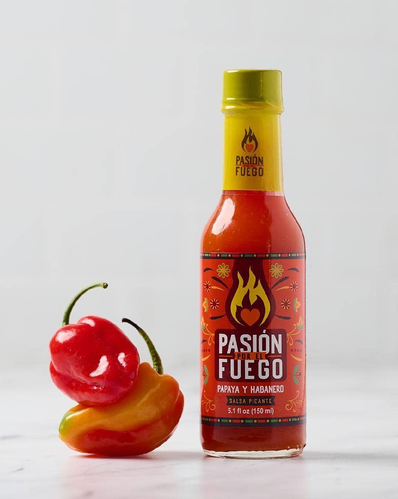 Pasion por el Fuego Caribbean Papaya and Habanero Hot Sauce 5.1 FL Oz ( 150 ml ) Glass Bottle . Pasteurized (Pack of 2)