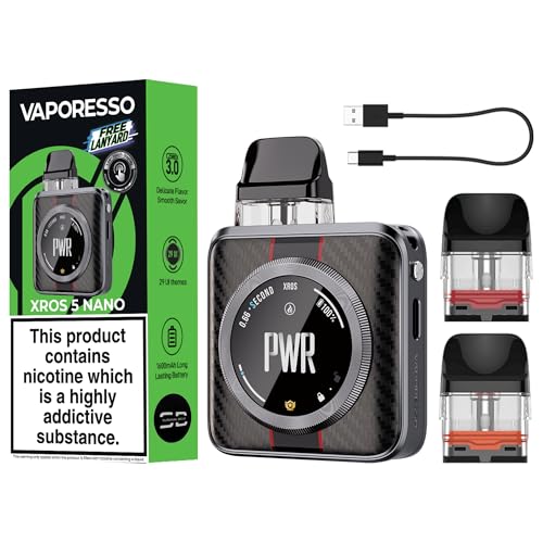 Vaporesso Xros 5 Nano Vape Kit [Black Satin] - Available in 8 colours - 2A Fast Charge 1600mAh Battery 30W 1.09 Touchscreen Airflow Control - Compatible with All Xros Pods - No Nicotine
