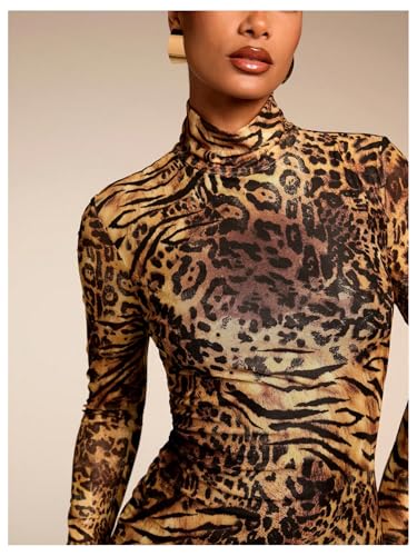 Image of GORGLITTER Women's Mesh Y2K Rave Vegas Going Out Dress Outfits Long Sleeve Club Turtleneck Neck Newspaper Mini Dresses