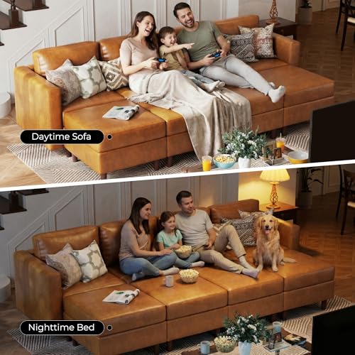 Image of ABCASA 118.5 inch Faux Leather Luxury Modular Sleeper Sofa Bed with Storage Seat, 8 Seat Sectional Couch Deep Seat with Reversible Chaises & Removable Cover - Brown