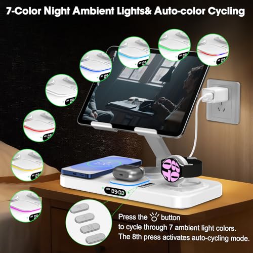 Image of 30W Tablet Wireless Charger for Samsung, Foldable Android Charging Station with Clock Display with 7-Color Light, Wireless Watch Charger for S25, Only Compatible Samsung Watch, Galaxy Buds3 Pro(White)