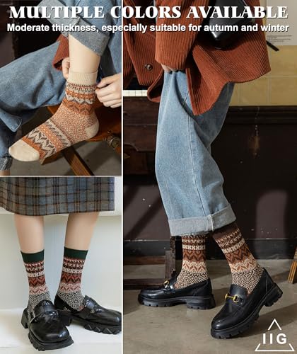 Image of IIG 3-5 Pairs Womens Vintage Cozy Crew Socks Soft Cute Neutral Cotton Socks Exquisite Patterns Socks Gift