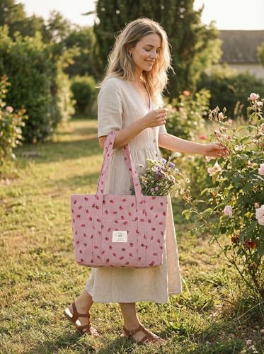 Image of TeeYee Women's Large Corduroy Tote Bag Zippered Shoulder Bag with Pockets | Strawberry Print Bag,Fits 15.6 inch Laptop,Wide Shoulder Straps,Large Capacity,Everyday Tote Bag,Multiple Pockets Design