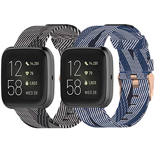 Fit for Fitbit Versa/ Fitbit Versa 2/ Fitbit Versa Lite Watch Bands Women Men, Woven Nylon Adjustable Replacement Straps Accessory Band Wristbands Fit for Fitbit Versa, Fitbit Blaze (Black Blue)