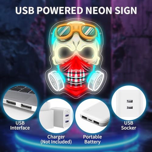 Image of The Rebel's Mark Skull LED Neon Sign USB Powered for Wall Decor, Horror Bones Neon Night Light Sign Dimmable for Boys Room Party Decor Halloween Birthday Gifts