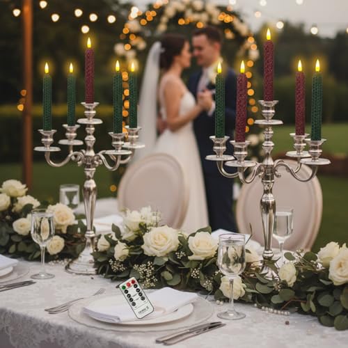 Image of Flameless LED Taper Candles with Remote & Timer - 9.5 inch Red Green Hand Rolled Beeswax Honeycomb Candlesticks Flickering Battery Operated Window Candles for Wedding Mother's Day Home Decor,4 Pack