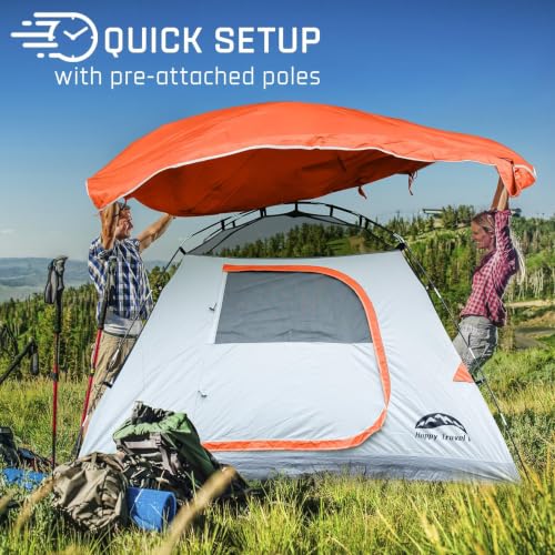 Image of Happy Travel Camping Tent, 4 /5 Person Dome Tents for Camping with Rainfly, Waterproof Clip Easy Setup Portable Family Tent with Mesh Windows, 20% More Headroom Backpacking Tents for Camping & Hiking
