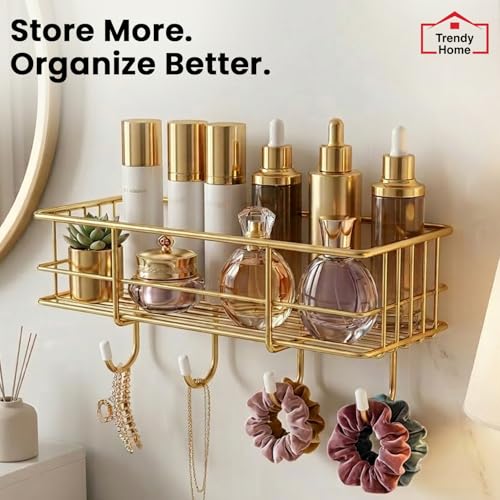 Image of Trendy Home Self Adhesive Bathroom Shelf Organiser, Drill-Free Wall Rack | with Magic Stickers & 4 Hooks, Rust-Proof Storage Shelf for Bathroom, Gold