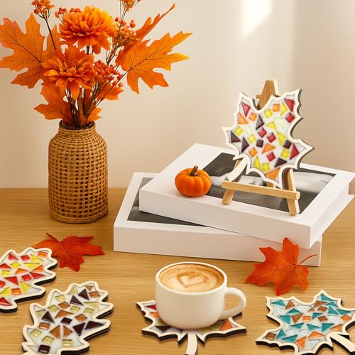 Honeydak 6 Sets DIY Glass Mosaic Tiles with 6 Wooden Coasters Making Mosaic Crafts Material Package Mixed Stained Glass for Handmade Colorful Home Decor Gift Indoor(Maple Leaf,Autumnal Color) - Thumbnail 5