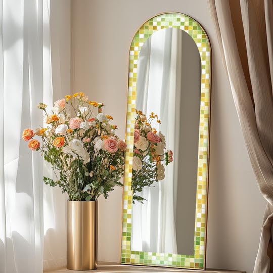 Lime Glow Harmony - Specchio da pavimento con mosaico verde fresco, lunghezza completa, 50,8 x 160 cm (larghezza x altezza), con cornice nera e cornice dorata