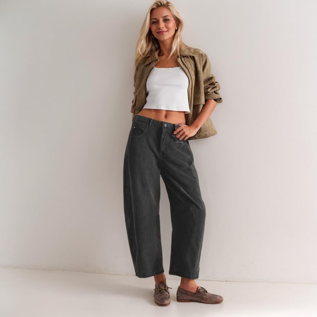 Corduroy Pants for Women Barrel Pants Elastic Waist Mid Rise Cropped Pants Casual Baggy Pants with Pockets - Image 2