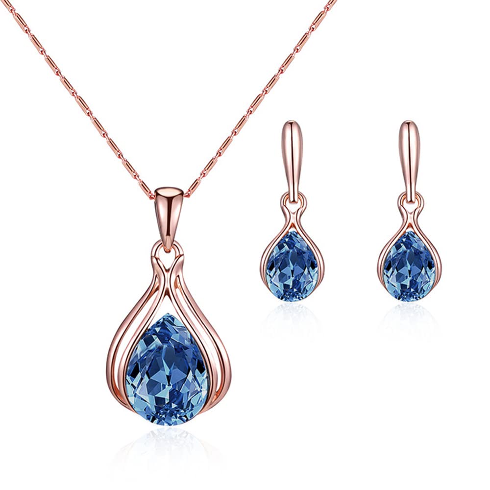 FFWTPY Oro Rosa Conjuntos de Joyas para Mujer Novia Juego de Collar y Pendientes de Cristal Boda Lágrima Colgante joyas para Niña y Dama de honor