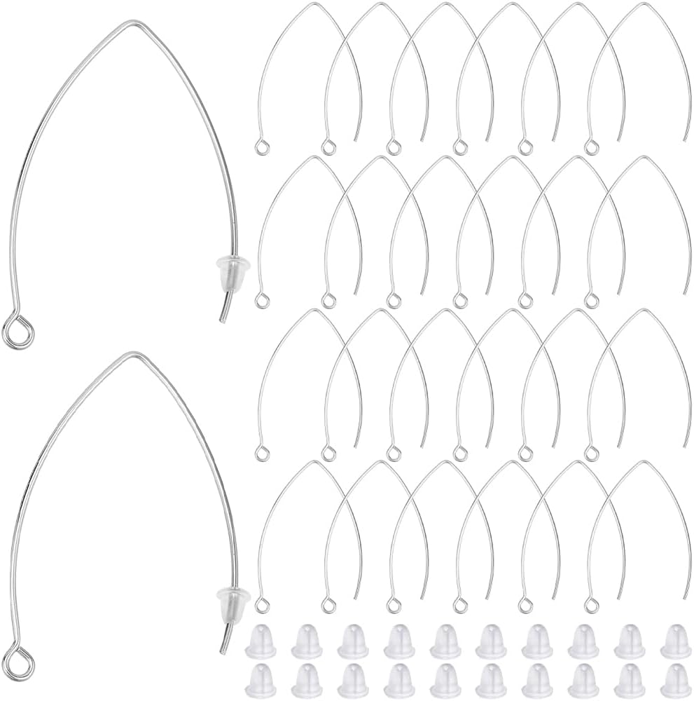 1 Box 40Pcs Drop Earring Hooks Stainless Steel Earring Wires Silver Long Marquise V Shaped Hook Earring Findings with Ear Nuts and Loop Dangle Earring Wires for Jewelry Making Supplies DIY
