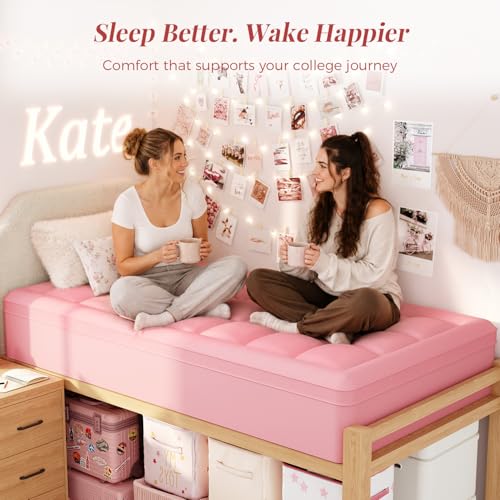 Image of ELEMUSE Twin XL Dorm Dual Layer 3 Inch Memory Foam Mattress Topper | College Essentials for Girls Pink, 2 Inch Cooling Gel Foam with 2 Inch Plush PillowTop, Relief Comfortable Support