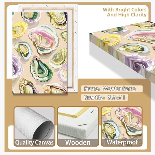 Image of Colorful Oyster Shell Poster Abstract Beachy Shell Canvas Wall Art Retro Summer Coastal Shell Picture Aesthetic Prints Painting For Home Living Room Kitchen Restaurant Wall Decor 8x12in Framed