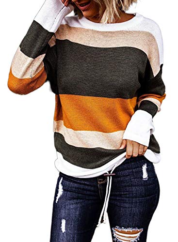 Paitluc Striped Sweater Women's Round Neck Knitted Long Sleeve Color Block Drawstring Hem Pullover Sweaters Orange Size S