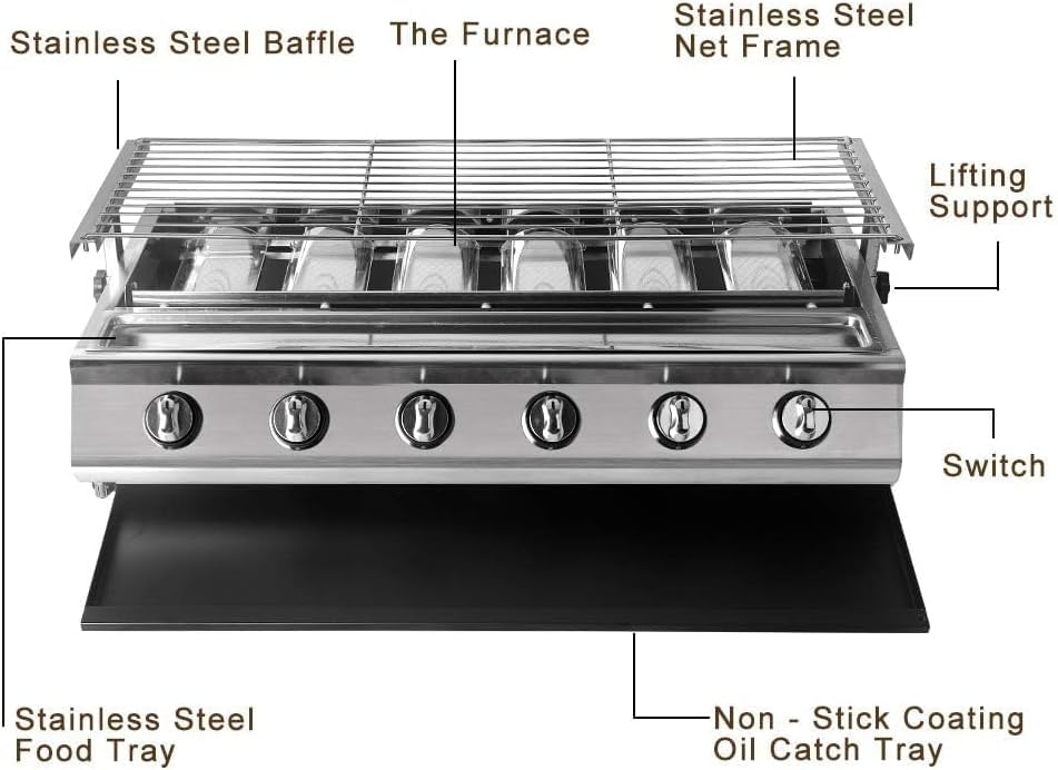 Barbecue portatile a gas con 6 fuochi, grande superficie di cottura antiaderente, perfetta per giardino, patio, campeggio e roulotte